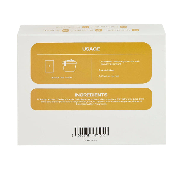Fabric softener sheets cardboard packaging with usage and ingredients information on a white background