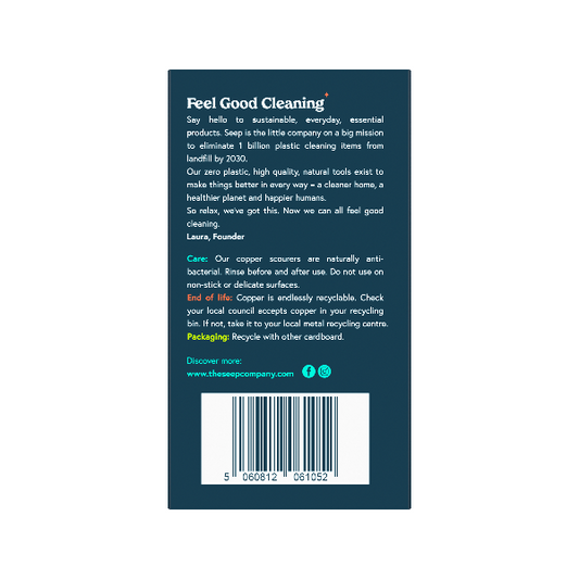 Back of product packaging of Seep's copper scourers pack of two with title 'feel good cleaning'