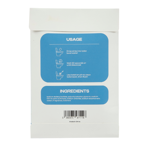 Packaging of a Purum toilet cleaning sheets with usage and ingredients information on a white background