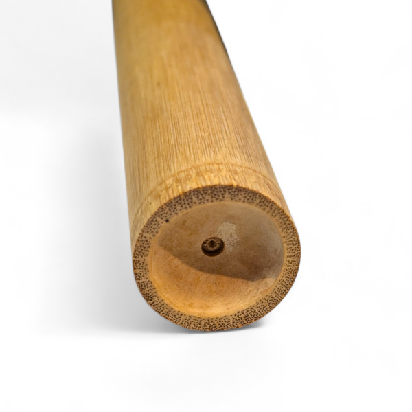 Close-up of bottom of bamboo toothbrush holder showing drainage hole on a white background