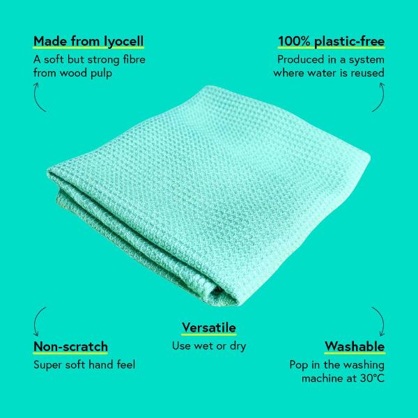 Seep all-purpose cloth folded on a teal background with descriptions