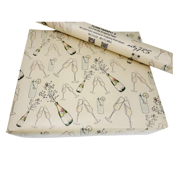 Handmade recycled wrapping paper (kraft brown paper background with hand-drawn style glasses and champagne bottles)