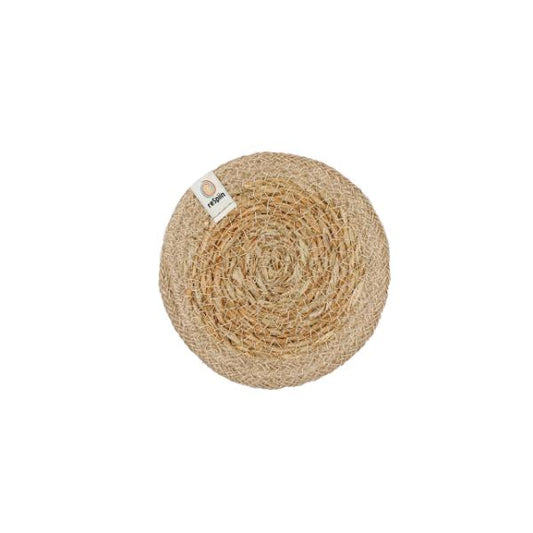 Round seagrass woven coaster with jute trim, on a white background.