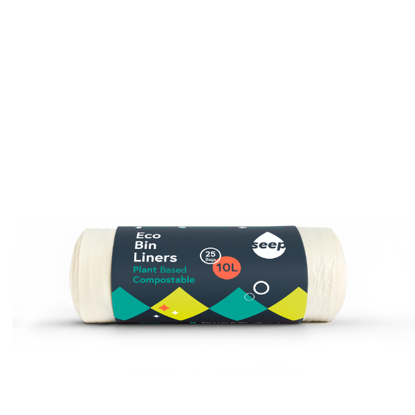 Roll of eco bin liners from Seep with a blue paper label