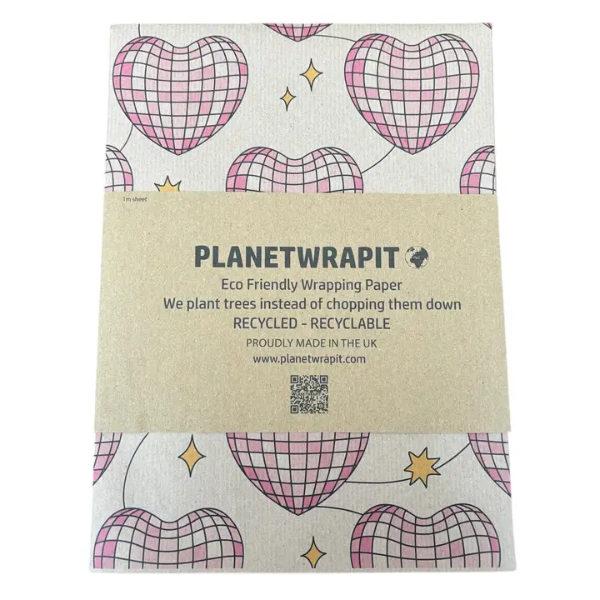 Disco hearts wrapping paper - brown kraft paper with pink disco ball patterned love hearts with paper label