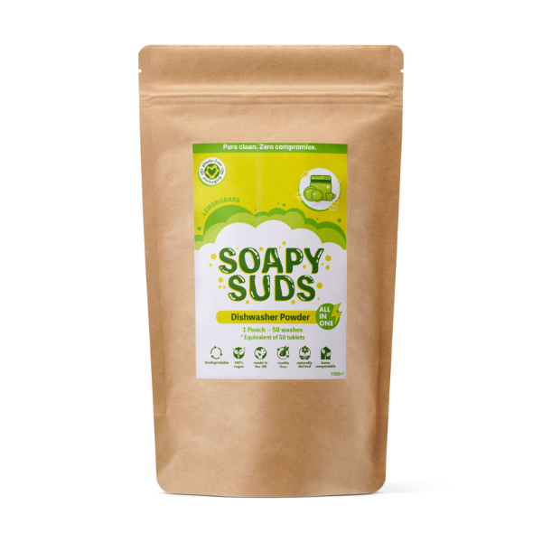 Soapy Suds dishwasher powder in kraft paper recyclable packaging in Lemongrass