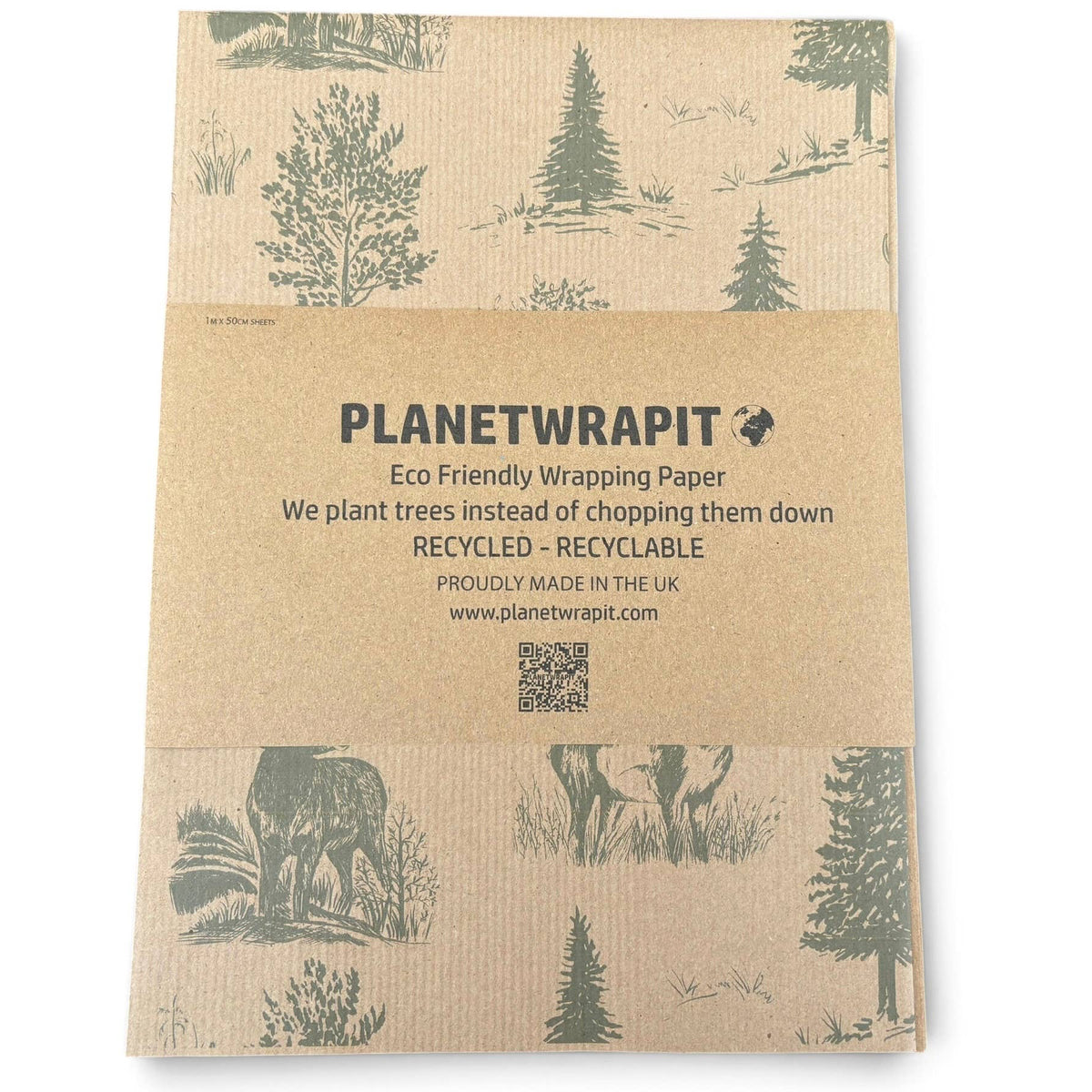 PlanetWrapit eco-friendly wrapping paper, featuring forest and stag illustrations in green on a brown kraft paper background.