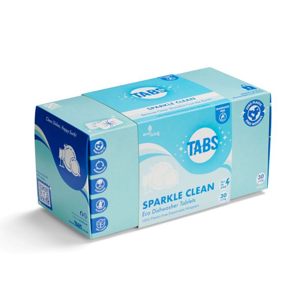 Box of Tabs Sparkle Clean dishwasher tablets fragrance free on a white background