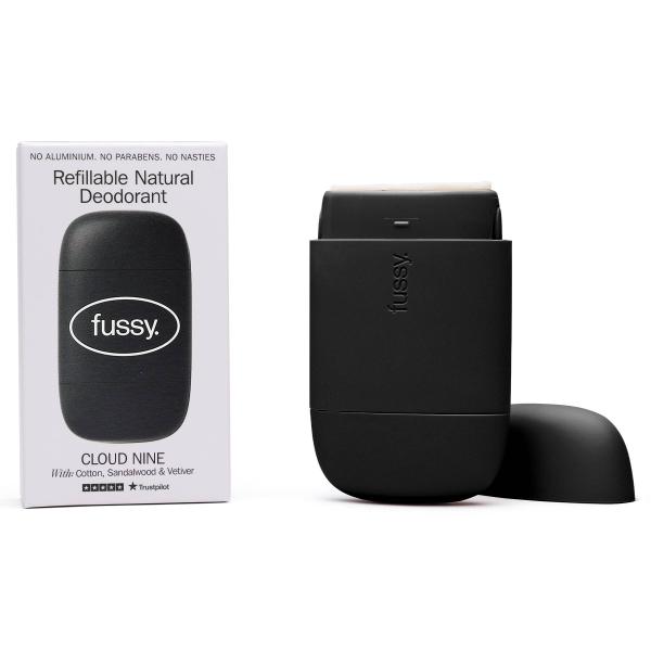 Fussy refillable deodorant with 'Fussy' branding next to its cardboard packaging on a white background