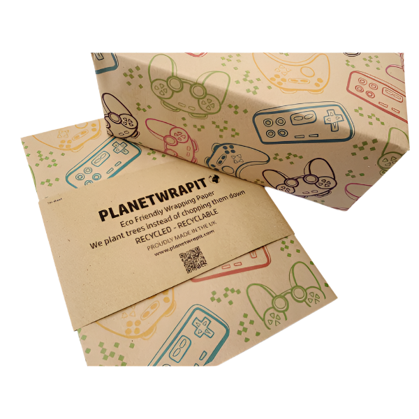 Eco-friendly recyclable wrapping paper in gamer design (brown paper with colourful gamer handsets) shown alongside a wrapped parcel