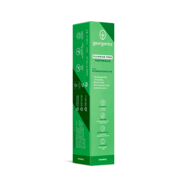 Green cardboard box containing Georganics fluoride-free fennel toothpaste on a white background
