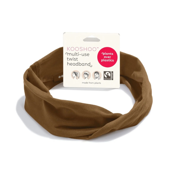 Organic multi-use cotton headband in Cocoa brown with cardboard label