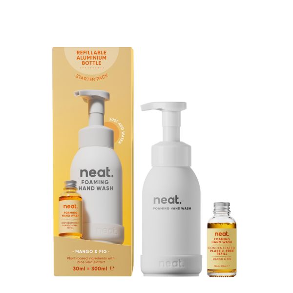 Neat foaming handwash starter kit Mango and fig showing aluminium bottle and glass bottle refill