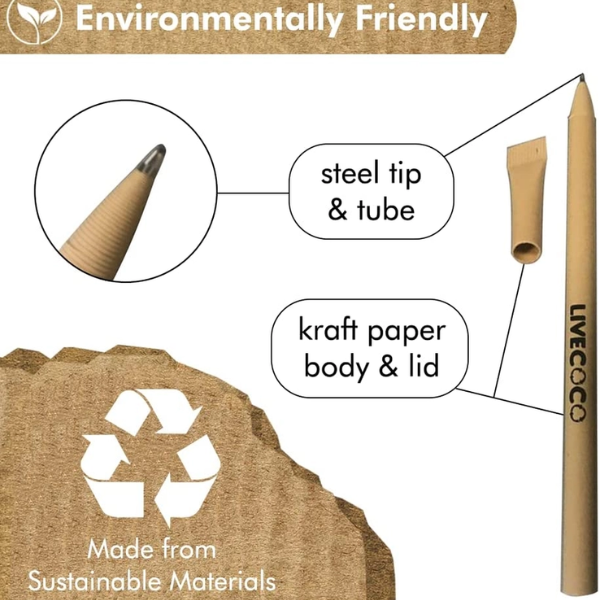A paper pencil with a metal tip and paper tube, shown with callout labels explaining sustainable materials and steel tip, on a white background with environmental messaging.