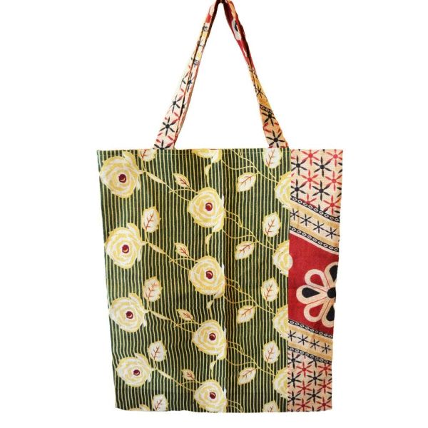 Recycled sari tote bag with green stripy flowery pattern