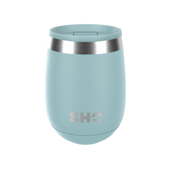 SHO reusable drinks tumbler in Arctic mist (pale icy blue) slider spill proof lid