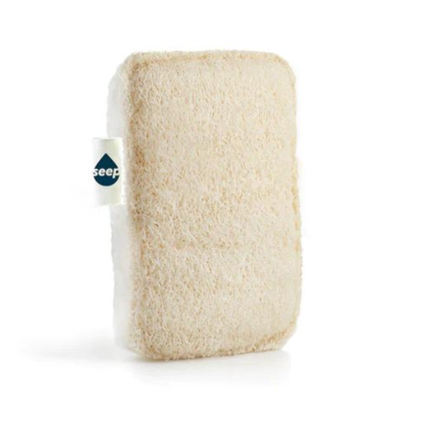 Eco Sponge Scourer with 'Seep' label, on a white background, showing scourer side