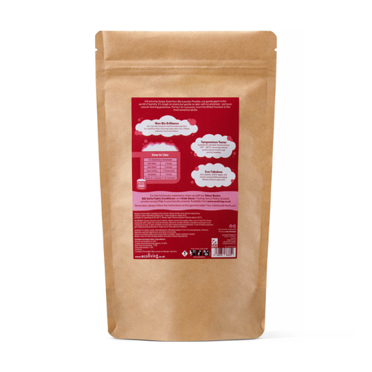 Back of Kraft paper packaging of Soapy Suds laundry powder in Rose and Geranium with a red label on a white background