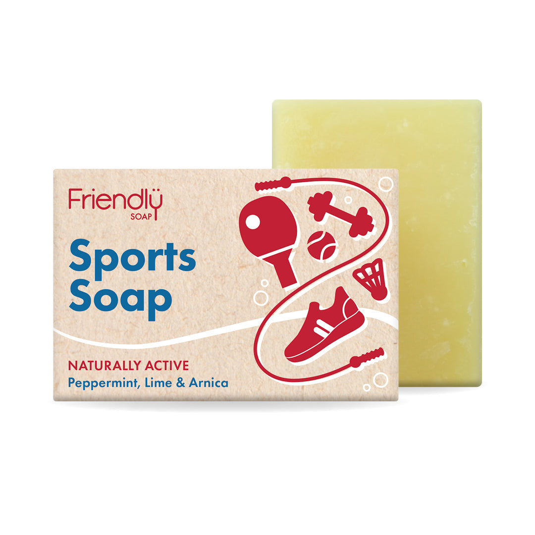 Friendly Soap sports soap bar shown alongside cardboard packaging