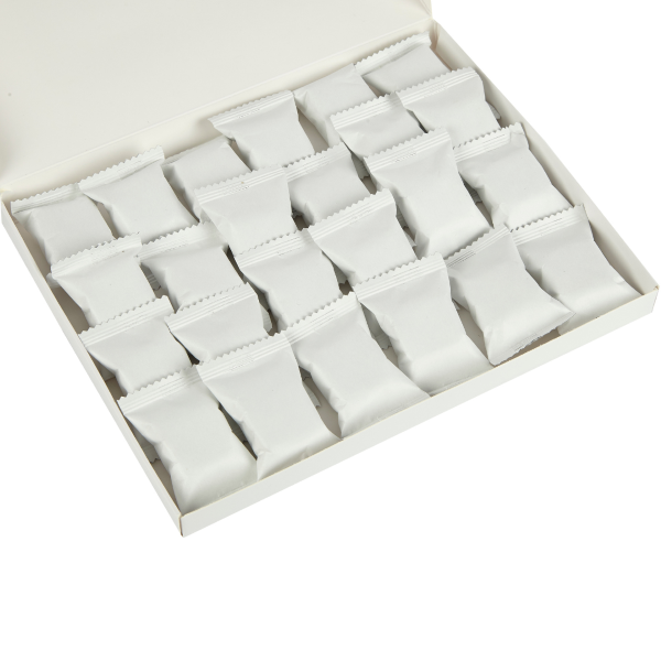 Box of washing machine cleaner tablets shown open with wrapped tablets inside on white background