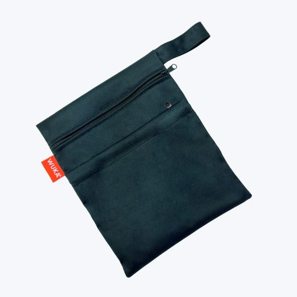 Period wet bag in black showing two zips and hanging loop