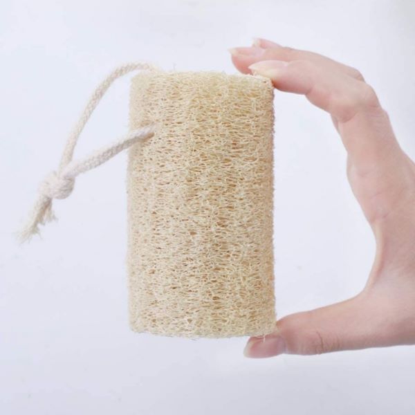 Natural loofah for body or cleaning shown held in a hand with the hanging loop visible