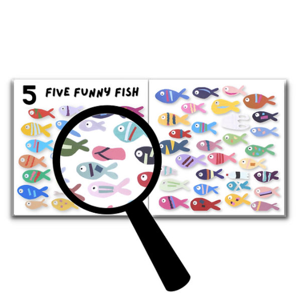 One Planet conscious counting book with magnifying glass showing hidden plastic image