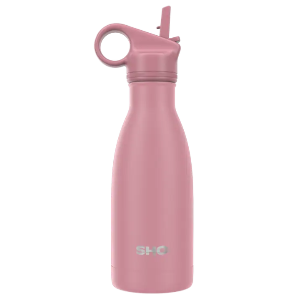 SHO reusable bottle 260ml in dusty rose shown with straw lid