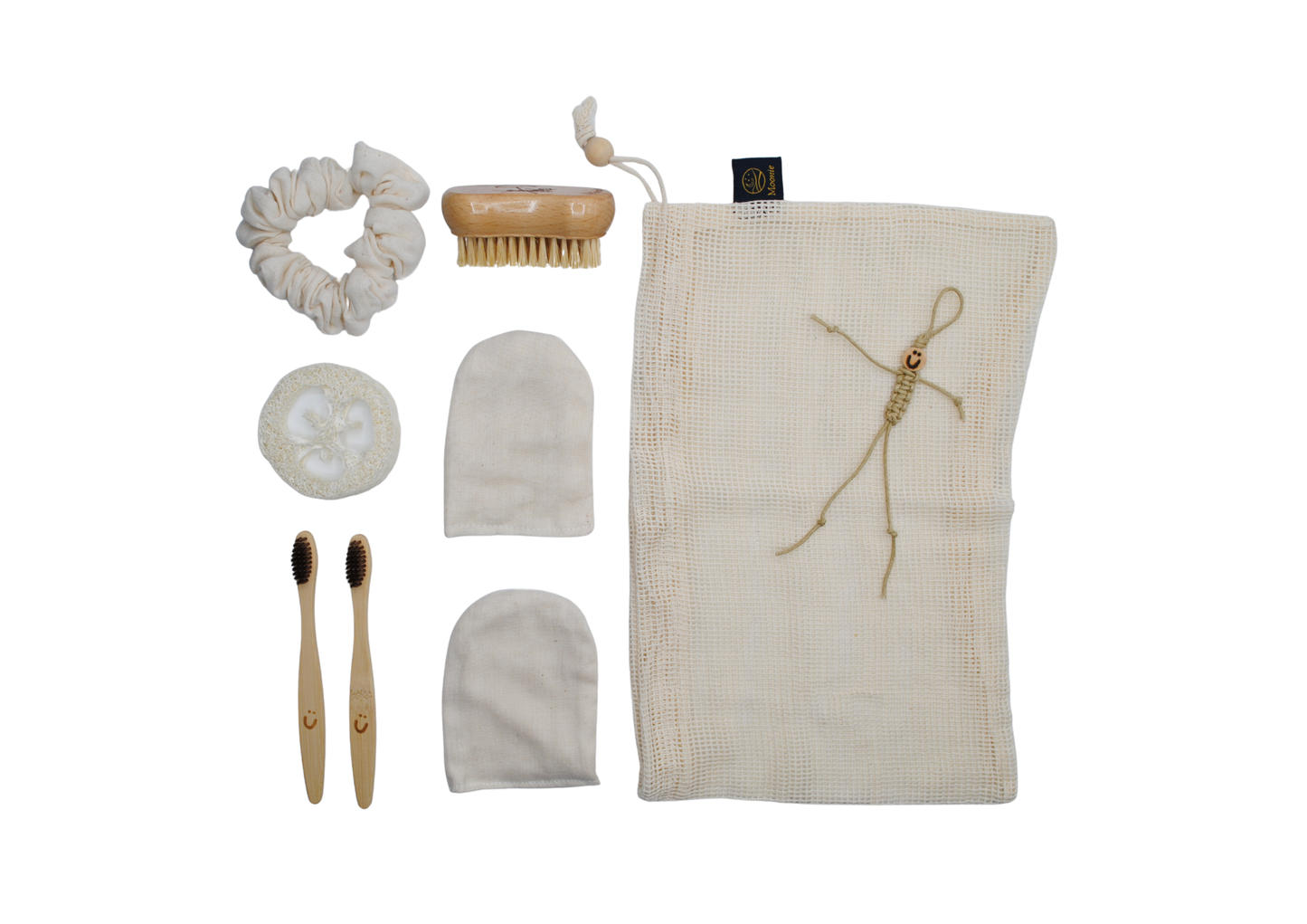 Moonie sustainable travel kit shown with individual contents on white background