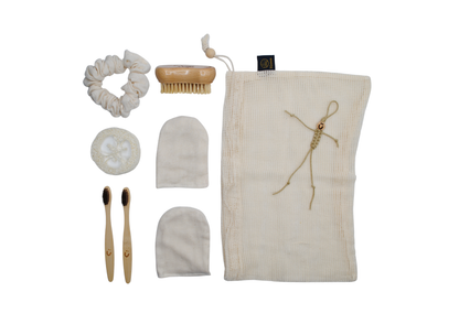 Moonie sustainable travel kit shown with individual contents on white background