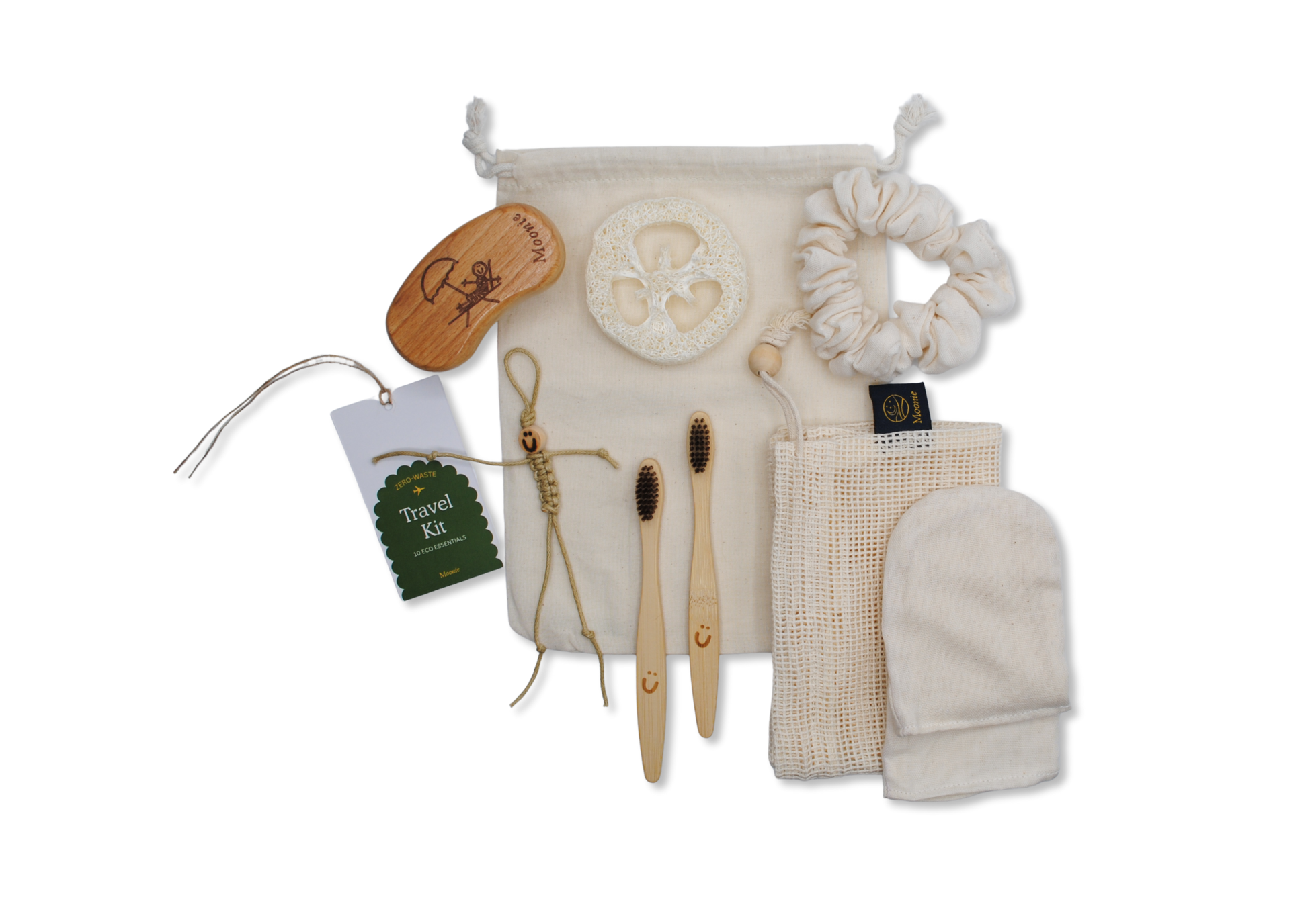 Moonie sustainable travel kit shown as cotton bag with contents on white background