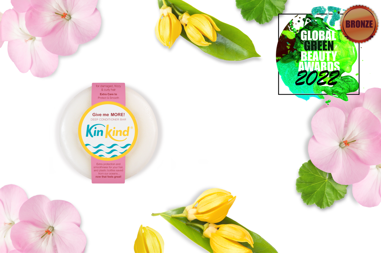KinKind Give me MORE! deep conditioner bar for damaged, frizzy, curly hair, shown as a rectangular haircare product with natural branding.