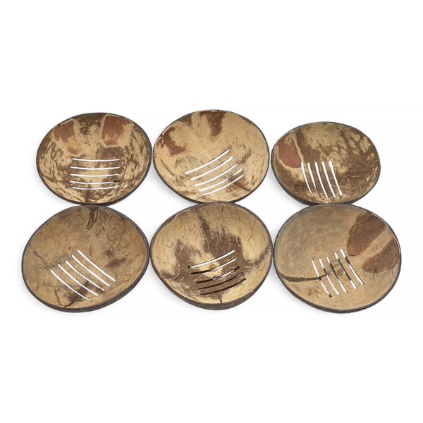 A set of six round coconut shell soapdishes with slotted centres, set against a plain white background, showing slight differences in tone and shape.