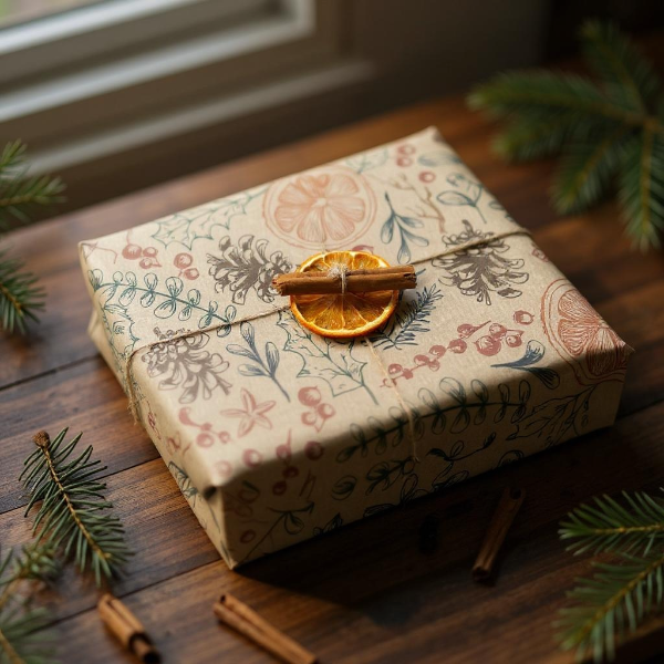 PlanetWrapI recycled kraft wrapping paper in Christmas dried orange (brown background with images of dried oranges, pine cones, foliage) shown on a wrapped gift with dried orange and cinnamon