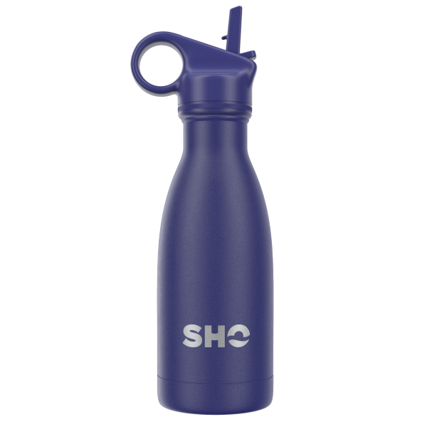 SHO eco-friendly reusable bottle Midnight blue 260ml shown with straw lid