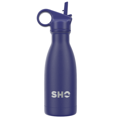 SHO eco-friendly reusable bottle Midnight blue 260ml shown with straw lid
