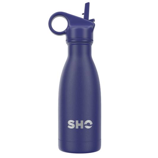 SHO eco-friendly reusable bottle Midnight blue 260ml shown with straw lid