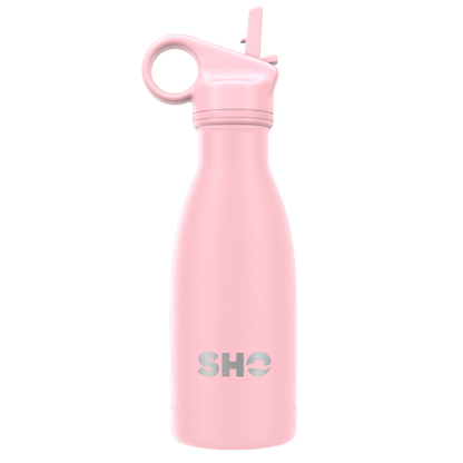 SHO eco-friendly reusable bottle pastel pink 260ml shown with straw lid