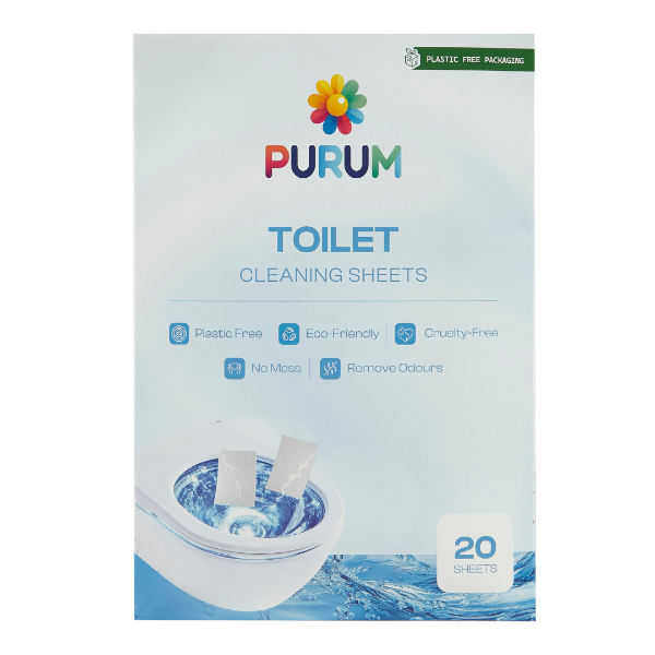 Pack of Purum toilet cleaning sheets with branding and product features on a white background