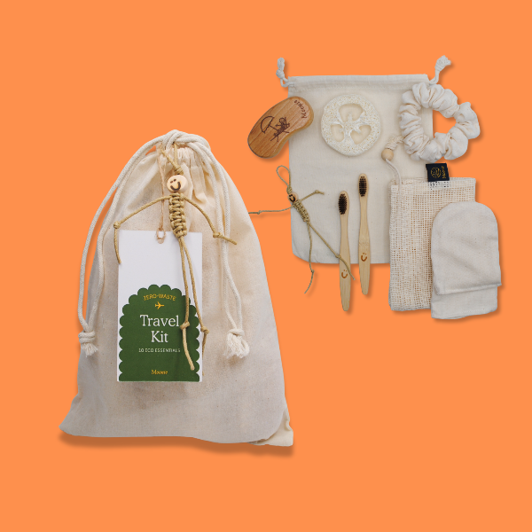 Moonie sustainable travel kit shown as cotton bag with contents alongside on orange background