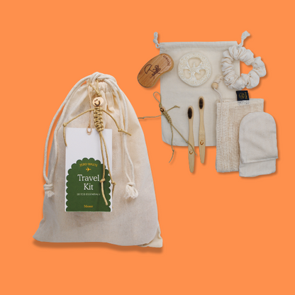 Moonie sustainable travel kit shown as cotton bag with contents alongside on orange background