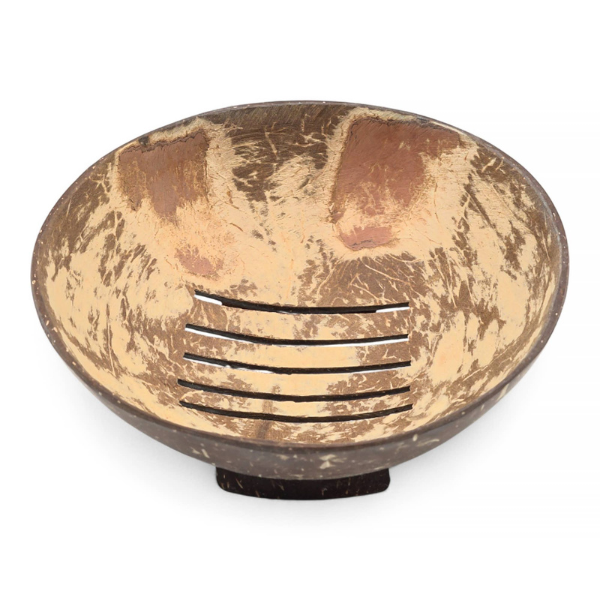 A round coconut shell soapdish with a raised foot and slotted centre, featuring naturally shaded finish, set against a plain white background.