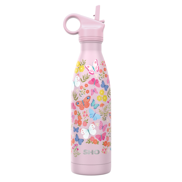 SHO insulated 500ml reusable bottle with straw lid in butterfly bliss colour (pink with colourful butterflies)