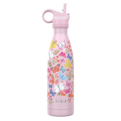 SHO insulated 500ml reusable bottle with straw lid in butterfly bliss colour (pink with colourful butterflies)