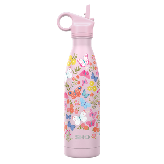 SHO insulated 500ml reusable bottle with straw lid in butterfly bliss colour (pink with colourful butterflies)