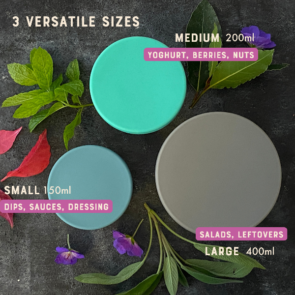 Moonmoon storage pots with text showing versatility (small 150ml dips, sauces and dressings; medium 200ml yoghurt, berries and fruit; large 400ml salads, leftovers)