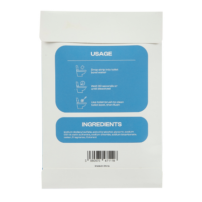 Packaging of a Purum toilet cleaning sheets with usage and ingredients information on a white background