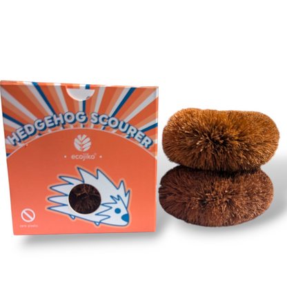 Hedgehog coconut fibre kitchen scourer with cardboard packaging on a white background