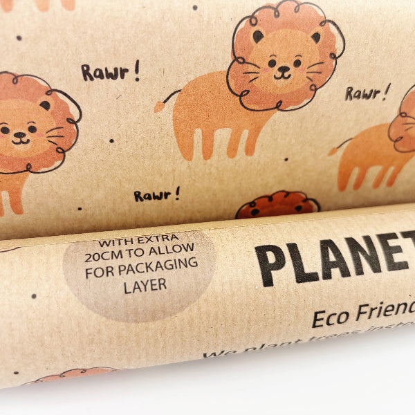 Kraft recycled wrapping paper in Lion design (brown background with orange lions and text reading 'Rawr!')