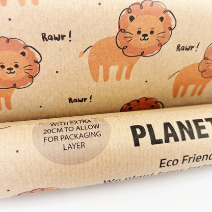 Kraft recycled wrapping paper in Lion design (brown background with orange lions and text reading 'Rawr!')